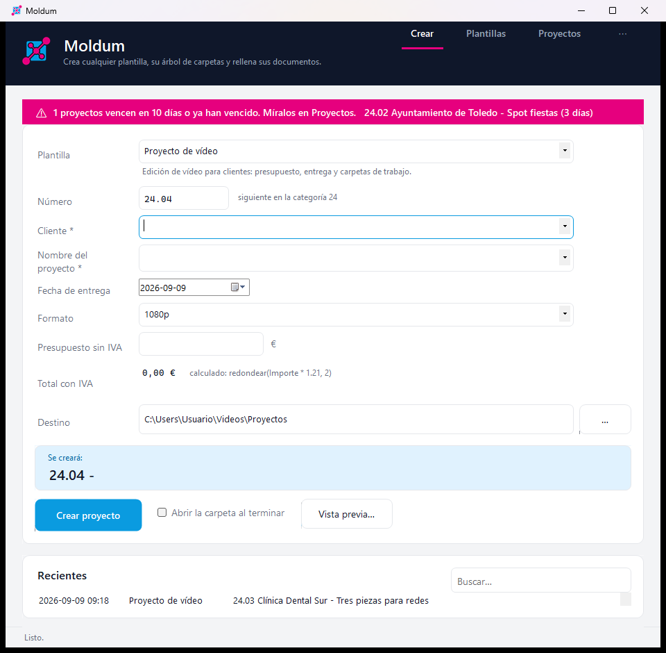 Moldum: the Create section with a template, its fields and the name preview